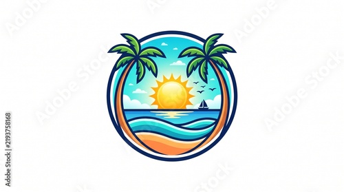 Palm trees framing sun ocean sailboat