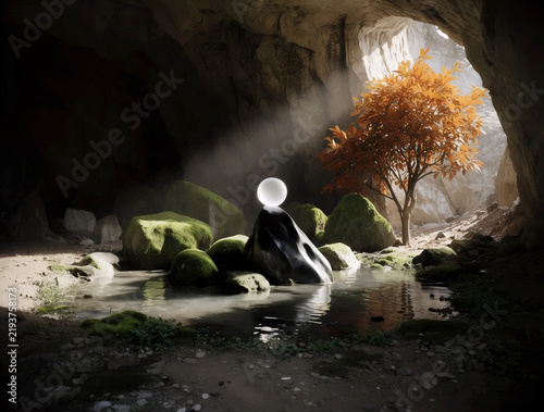 Surreal Cave Landscape with Orange Tree and Mysterious Sphere