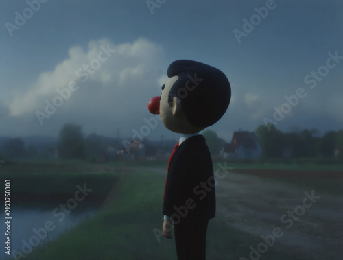 Emotional Boy Character Under a Cloudy Sky