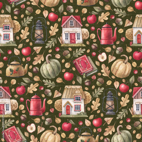 Seamless watercolor autumn pattern with cottage houses, books, kettles, apples and pumpkins on a dark green background