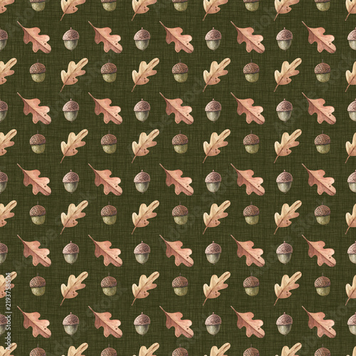 Seamless watercolor pattern with acorns and oak leaves on a dark green textured background