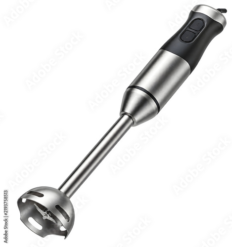 Immersion blender with stainless steel shaft and compact motor handle isolated on transparent background