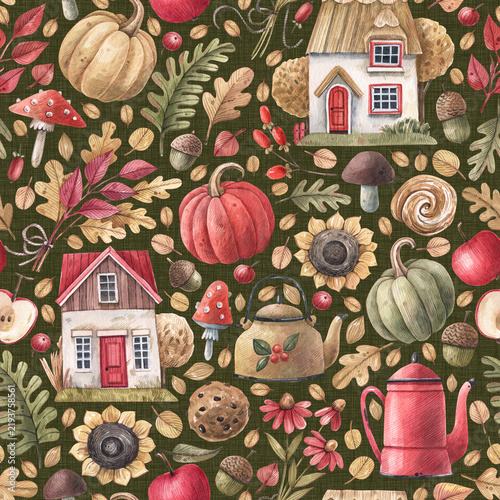 Seamless watercolor autumn pattern with cottage houses, pumpkins, mushrooms and sunflowers on a dark green background