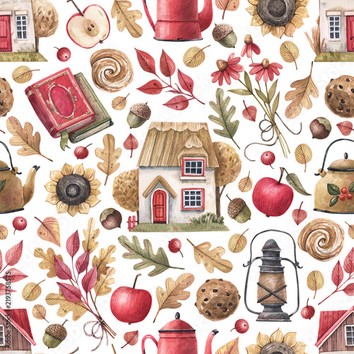 Seamless watercolor autumn pattern with cottage houses, apples, mushrooms, sunflowers and a red teapot on a white background
