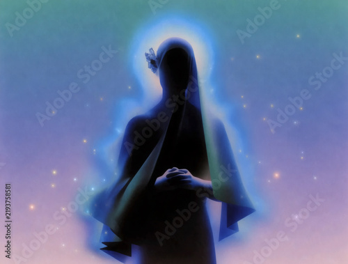Meditating Woman Silhouette Surrounded by Blue Aura
