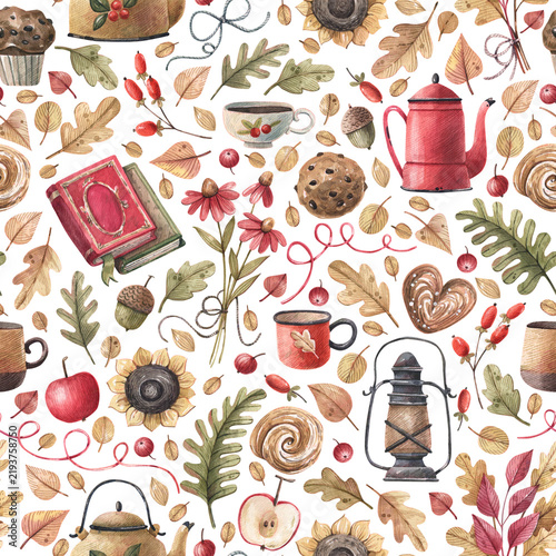 Seamless watercolor autumn pattern with vintage books, teapot, teacup, lantern, cinnamon rolls and sunflowers on a white background