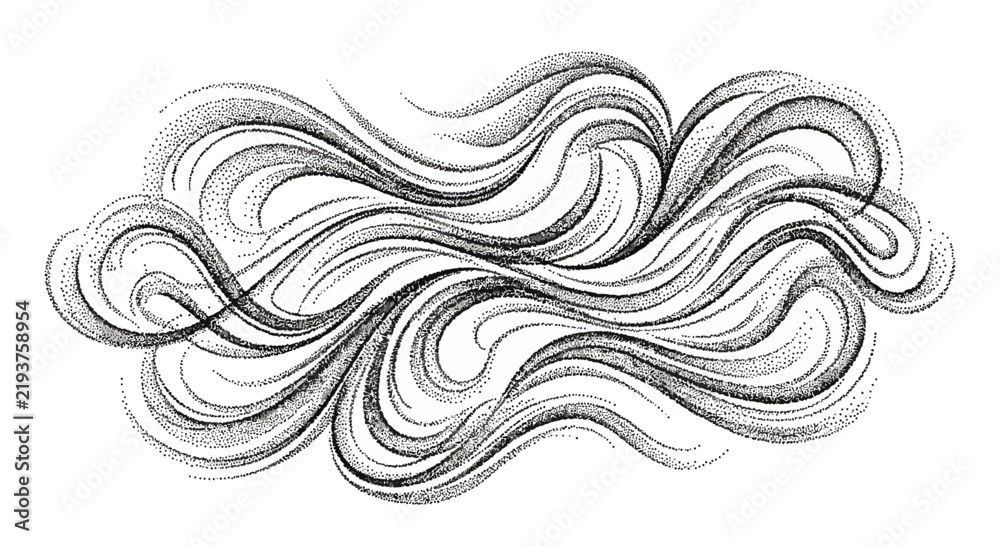 Fototapeta premium Abstract Swirling Ink Waves, Dot Art Style, Black and White, Isolated on Transparent Background