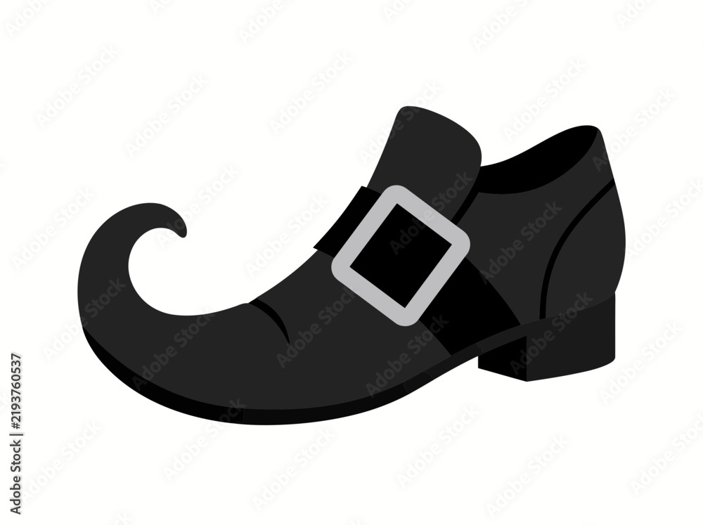 Obraz premium Black witch shoe vector illustration with curled pointed toe and silver buckle for costume and holiday design