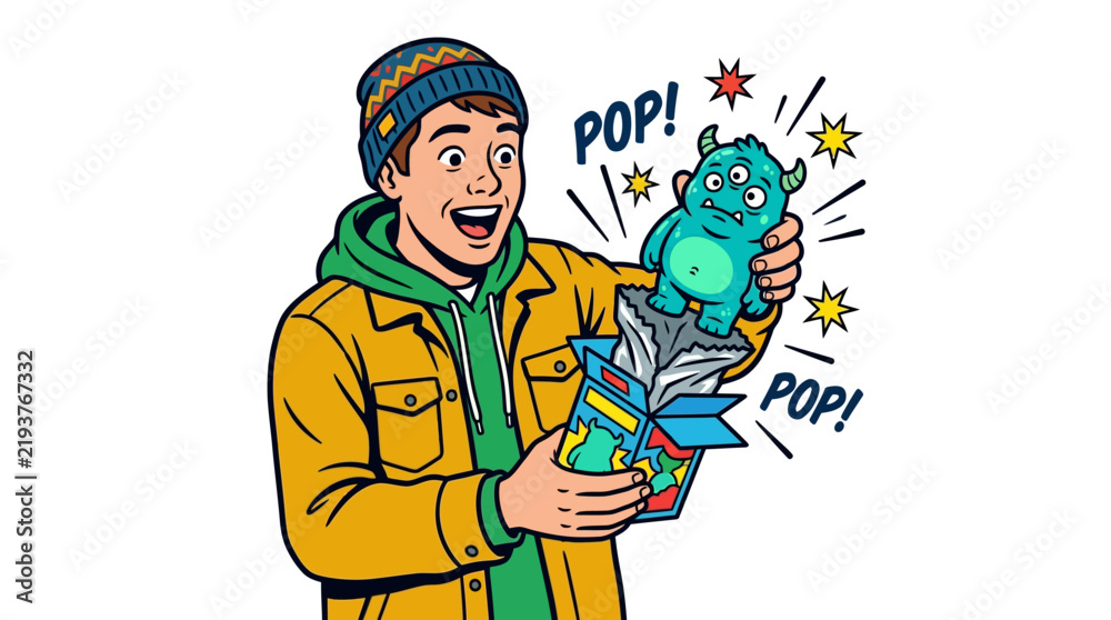 Obraz premium Surprised young man unboxing a small three-eyed turquoise monster character in a vibrant comic book art illustration style