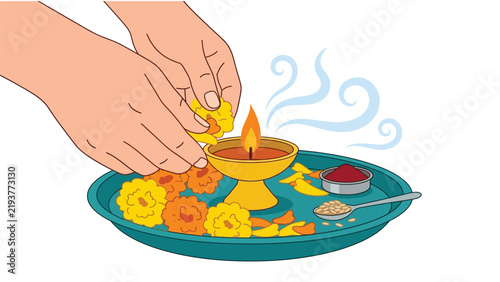 Traditional Hindu Puja Ritual Illustration with Hands Offering Marigold Flowers, Lit Diya Oil Lamp, Kumkum and Rice for Prayer and Festival