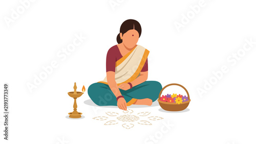 Indian Woman Performing Traditional Puja Ritual with Oil Lamp, Basket of Flowers, and Rangoli Vector Illustration Isolated on White Background