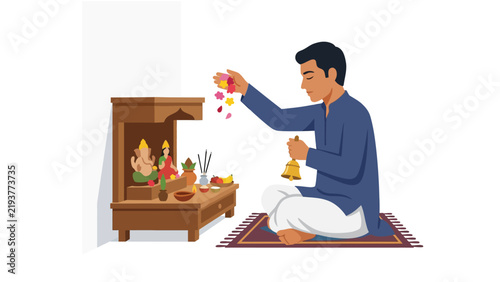 Indian man performing daily puja ritual at home temple, offering flower petals and ringing prayer bell to Lord Ganesha and Goddess Lakshmi vector.