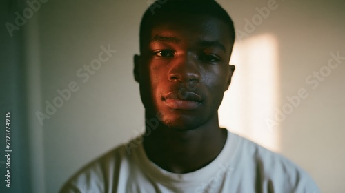 young black man in warm morning window light