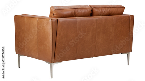 Fotografie Isolated modern brown leather two-seat sofa with stylish metal legs and contemporary design