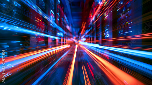Dynamic neon light trails emerging from server racks illustrating high-speed data processing and digital network flow.