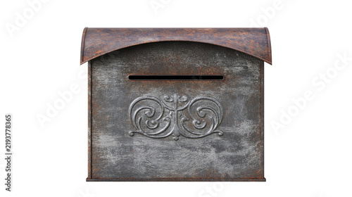 Quadro su tela Isolated aged metal mailbox with rustic texture and ornate embossed design, trad