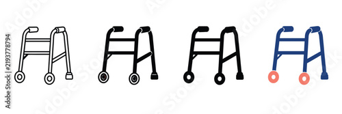 Medical walker icon set, elderly mobility aid equipment vectors, senior walking frame with wheels, healthcare disability support symbols