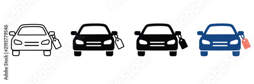 Car price tag icon set, automotive sales and dealership symbols, vehicle purchase and rental vector graphics for commercial marketing