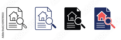 Real estate search icon set, house hunting document with magnifying glass, property inspection report vector, home listing analysis symbols