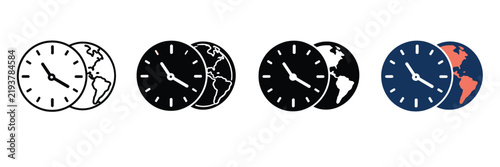 World clock icon set with globe, international time zone symbols in vector format, global business timing and scheduling graphics for web design