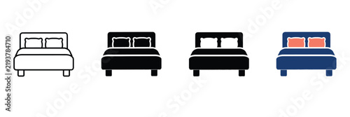 Modern double bed icon set, minimalist bedroom furniture symbols, hotel accommodation vector illustrations in outline and solid styles
