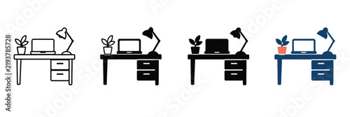 Minimalist workspace desk icon set, office table with laptop and lamp vector, remote work station silhouette and line art collection for business UI