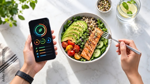 Person holding smartphone with health tracking app while eating a salmon avocado salad. Concept of digital wellness and modern dietary lifestyle.