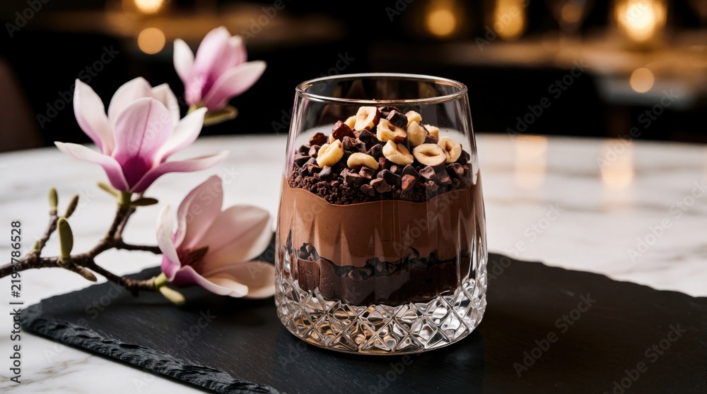 Fototapeta premium Layered chocolate dessert in glass with hazelnuts and cocoa nibs. Pink magnolia flowers adorn dark slate plate. Elegant presentation of sweet treat with bokeh background lights.