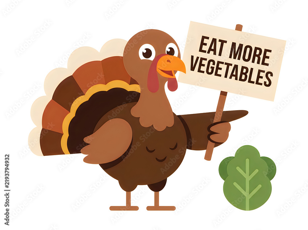 Fototapeta premium Cartoon turkey promoting eating more vegetables