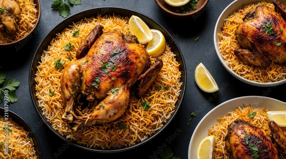 Fototapeta premium Whole roasted chicken served atop fragrant rice on dark table with lemon wedges. Aromatic biryani is garnished with parsley, offering a delightful meal.