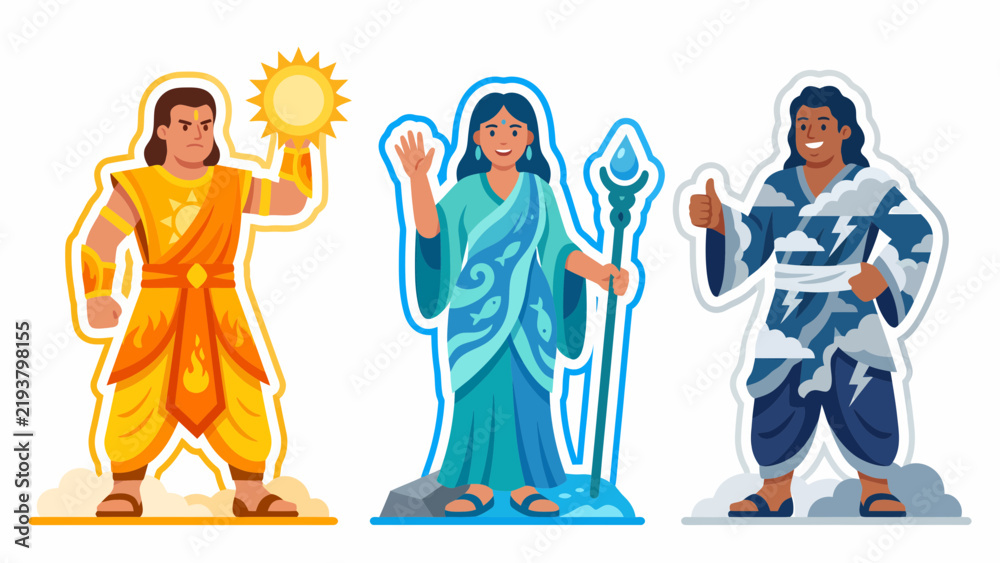 Fototapeta premium Three Hindu deities representing sun, water, and storm elements with traditional Indian attire and divine symbols.