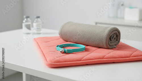 Close-up of a breakaway bell collar on a soft pet safety mat with a rolled towel