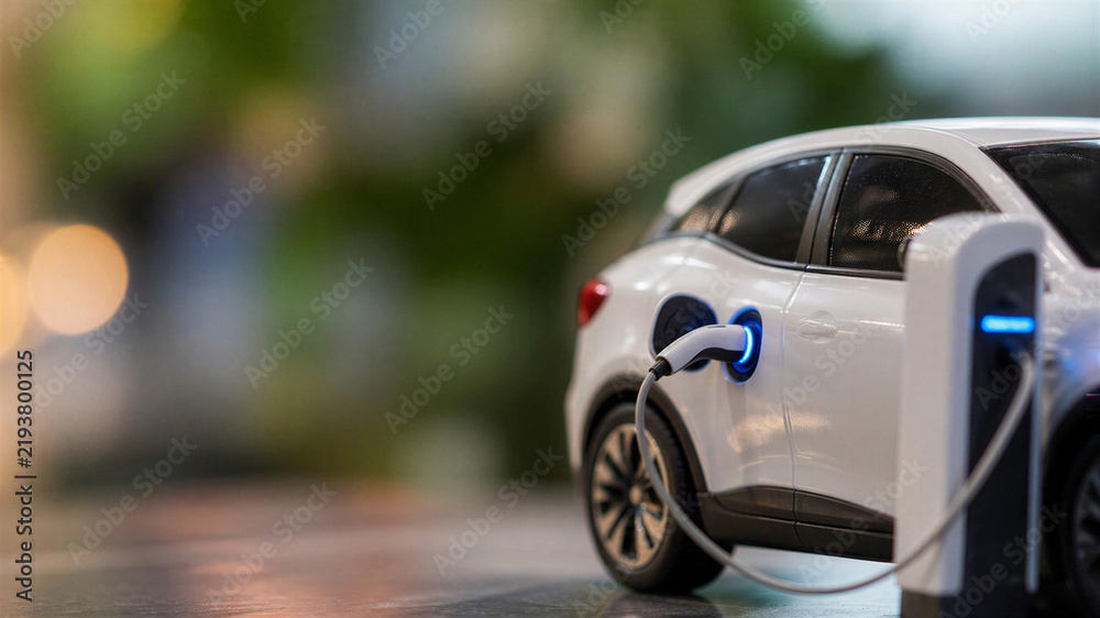 Fototapeta premium Close up of electric charger miniature car, small model of white car on the station, horizontal banner, free space for text, copy space