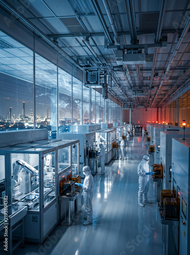 Modern semiconductor manufacturing cleanroom facility with engineers in protective suits operating automated robotic assembly machinery