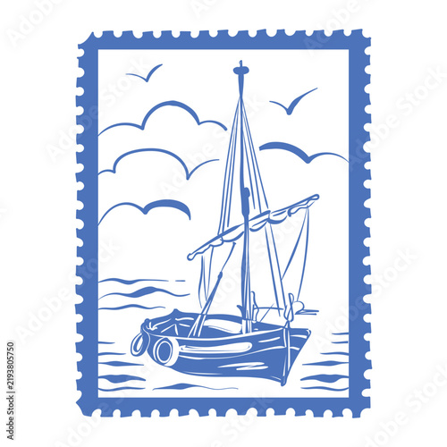 Hand-drawn ink drawing of a Spanish travel stamp with a sailing boat. Vector whimsical illustration of a Spain vacation postage stamp in simple crayon style. Blue outline nautical sketch.
