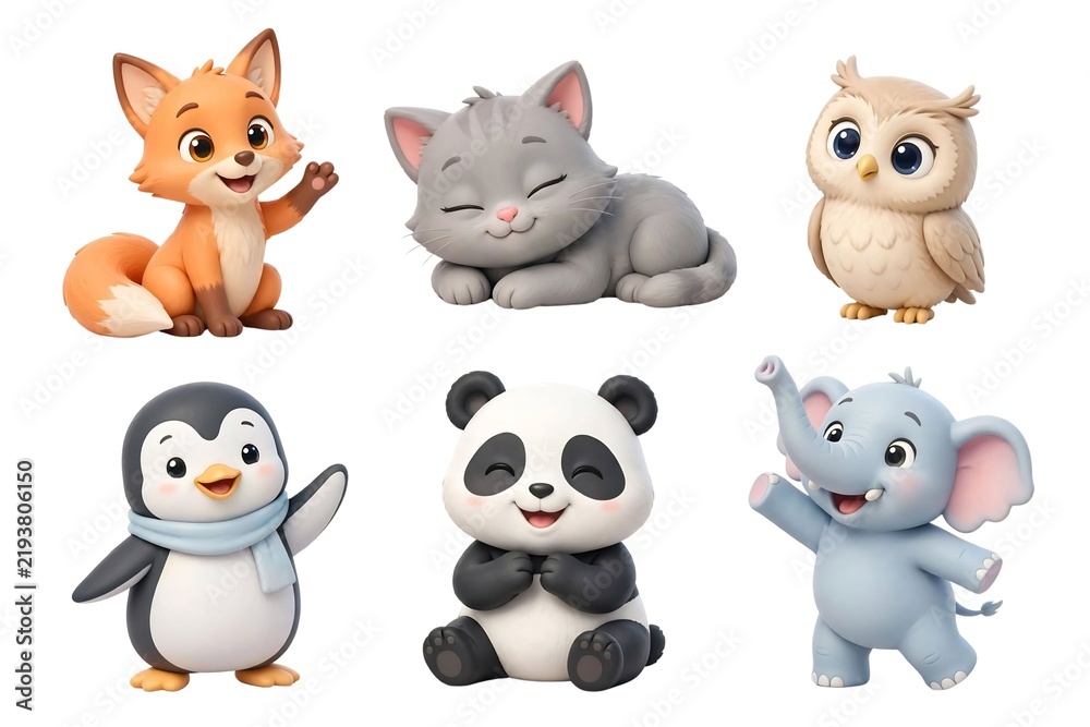 Fototapeta premium cartoon illustration of six cute animals including fox cat owl penguin panda and elephant in playful colorful children friendly design