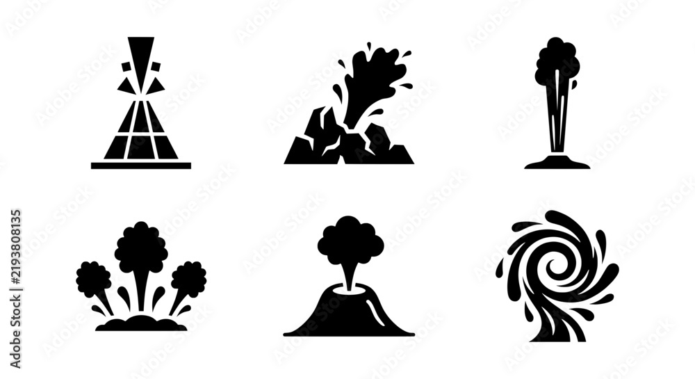 Fototapeta premium Volcano Eruption Icons, Geyser Symbols, Natural Disaster Vector Graphics, Earth Science Illustrations