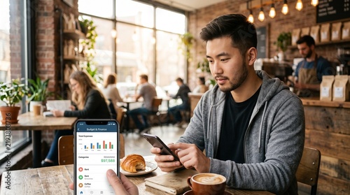 Focused young Asian male student sitting in a cafe checking his budget and finance app on his smartphone with a screen overlay showing expense tracker