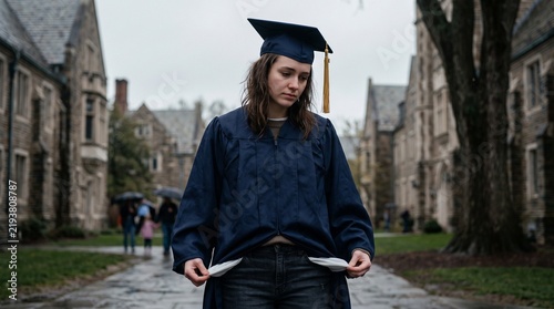 Broke and sad young female graduate with empty pockets on a rainy, historic university campus to symbolize student loan debt