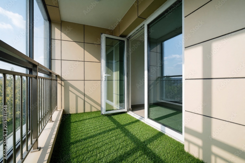 Fototapeta premium Modern balcony with green artificial grass floor and large glass windows. Beige walls and metal railing offer a clean, minimalist urban living space.