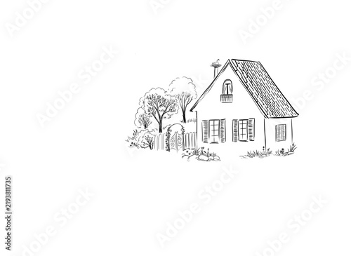 French village, beautiful rural style, traditional houses, sketch on white background