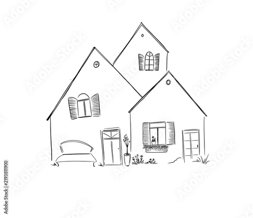 French village, beautiful rural style, traditional houses, sketch on white background