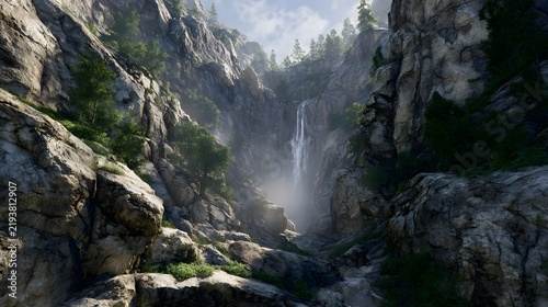 険しい岩山の峡谷を流れ落ちる滝と緑豊かな自然風景Waterfall flowing through rugged rocky mountain canyon with green vegetation