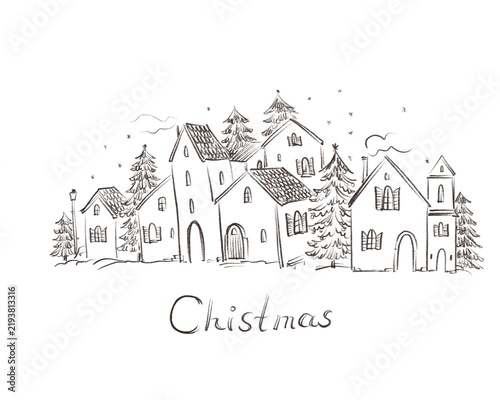 French village, beautiful rural style, traditional houses, sketch on white background