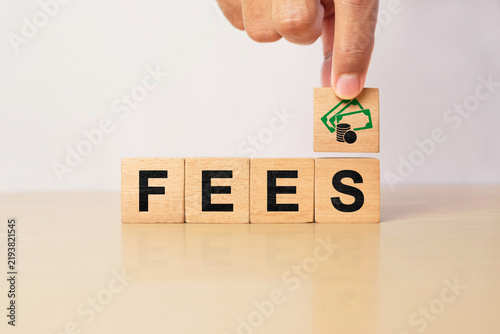 Wooden blocks spelling fees with money icon on top. Concept of service charges, transaction costs, banking fees, administrative expenses, financial obligations and business cost management.