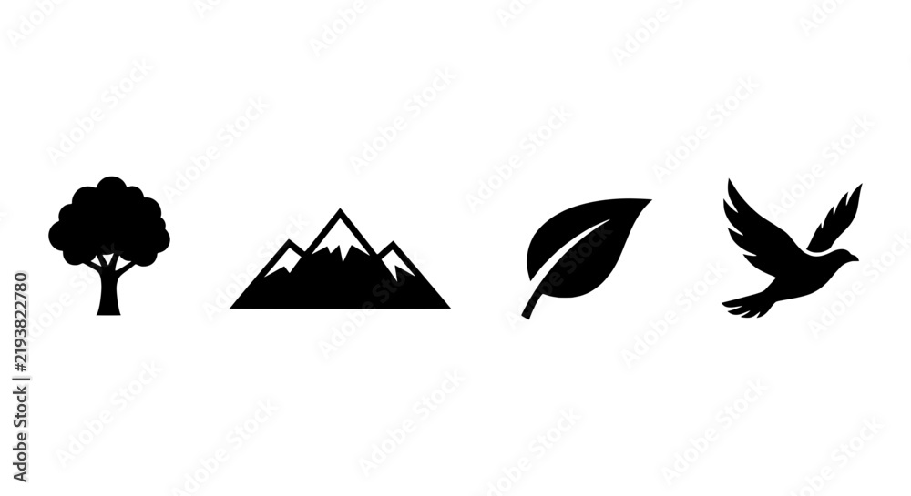 Fototapeta premium Nature Icons Set: Tree, Mountains, Leaf, Bird Silhouette Collection, Vector Graphics