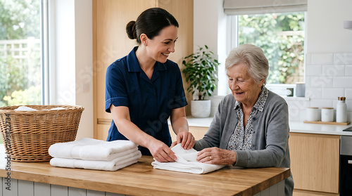 Caregiver Assisting Elderly Woman with Laundry in Bright Modern Kitchen During Household Chores