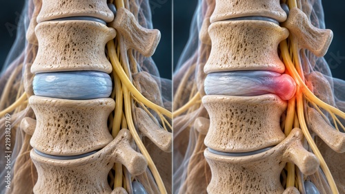 Medical comparison of a healthy lumbar spinal disc versus a herniated disc compressing a nerve.