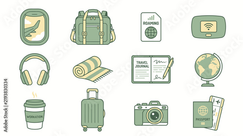 Summer Flight Office Icon Set for Remote Travel Business Duo-Tone Vector Isolated on White Background
