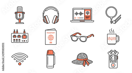 Beachside Audio Podcast Studio Icon Set for Digital Creator Monoline Vector Isolated on White Background